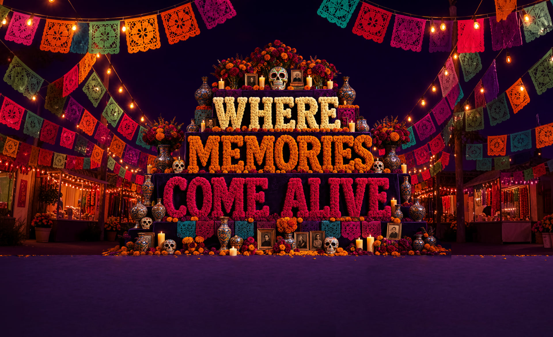 A three-tier Día de los Muertos altar banked with marigolds, candles, sugar skulls and framed portraits under strings of papel picado, with WHERE MEMORIES COME ALIVE spelled out in flowers.